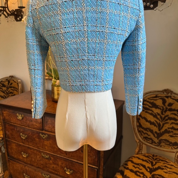 ALESSANDRA RICH light blue Checked Tweed Cropped Jacket size 0 *LIKE NEW - Picture 8 of 16